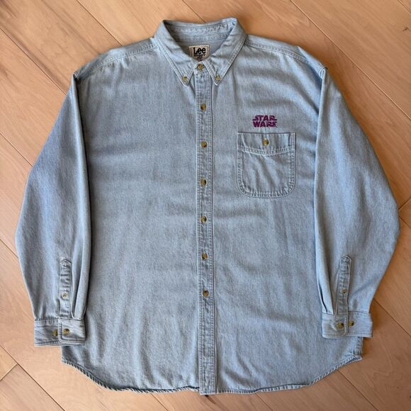 Vintage Star Wars Denim Shirt 2XL Blue 90s Movie Promo Button Up Darth Maul - Picture 2 of 9